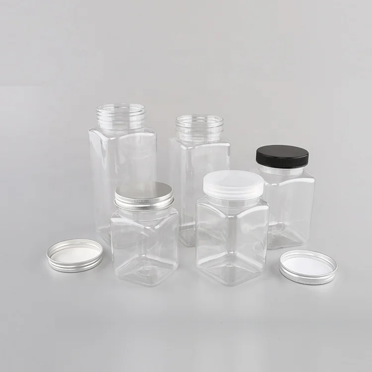 Wholesale bulk sales Different size plastic square plastic jar with aluminum lid for snacks