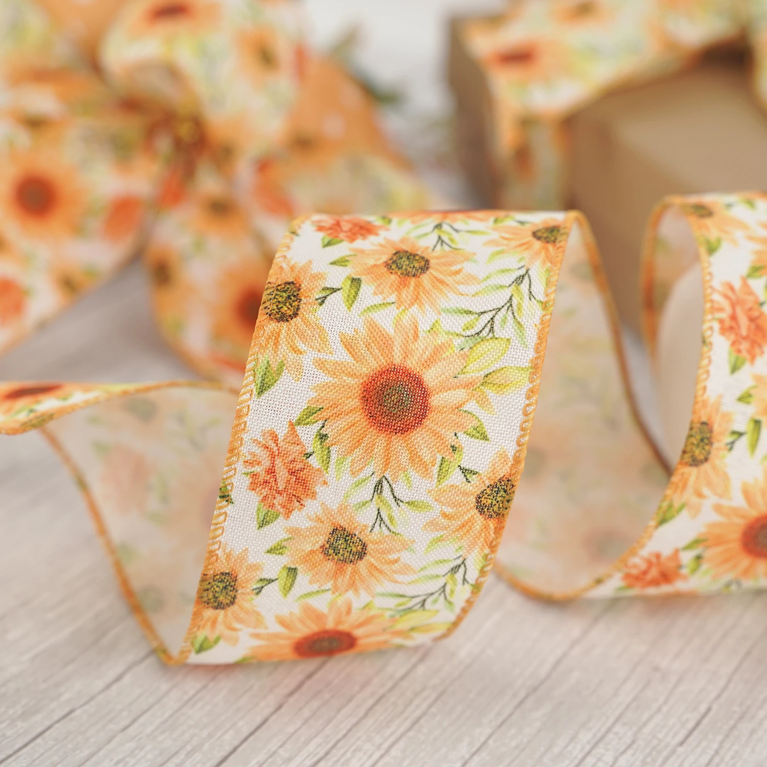 Custom Spring Sunflower Summer Flower Flaxen Dots Garland Wired Edge Ribbon For Wreath DIY Crafting Gift Wrapping Party Decor