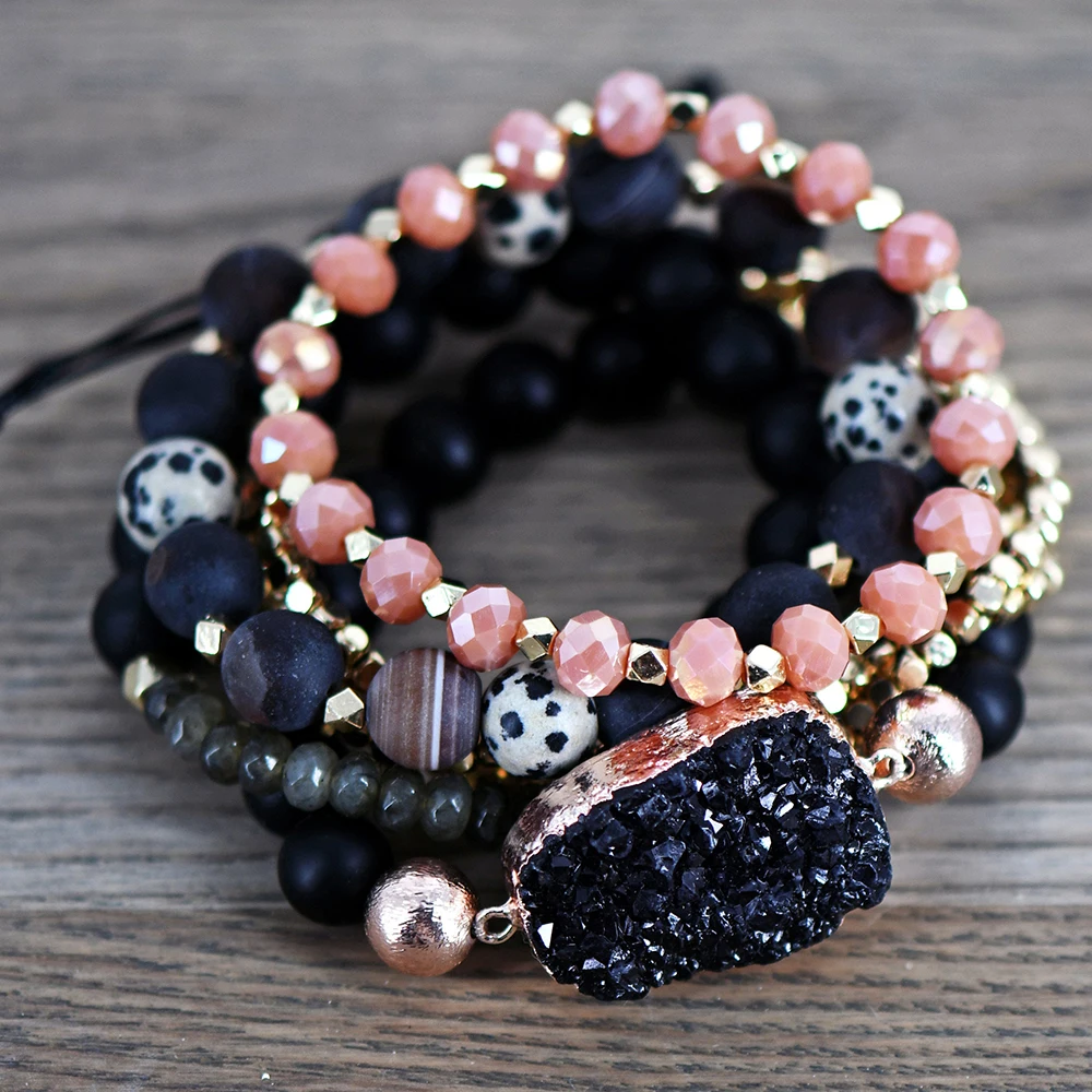 Gypsy and Boho Gold Beads Stacked Bracelet,Natural Black Druzy With Black Lace Agate Beaded Bracelet Set,Gifts for Her