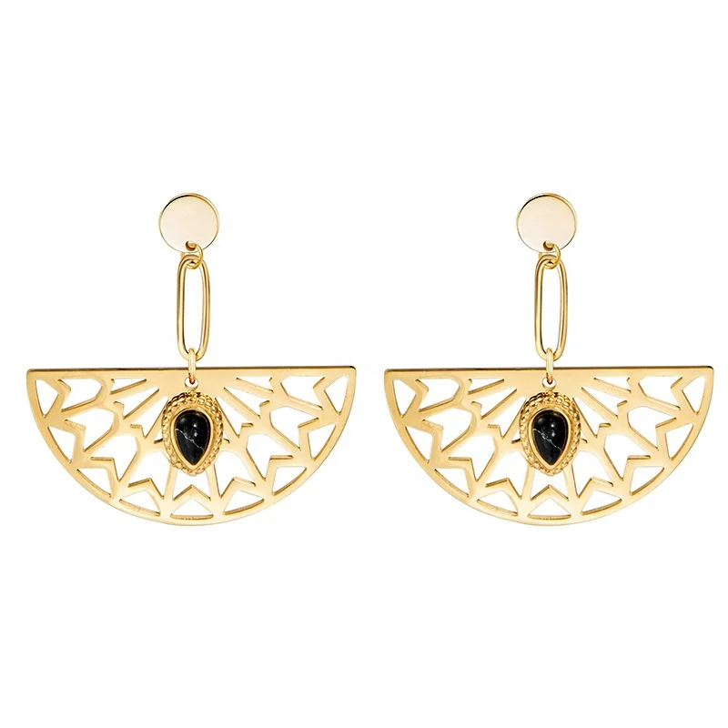Fashionable and Personalized Natural Stone Droplets 14 K Gold Fan shaped  Stainless Steel Earring