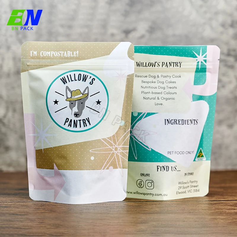 Custom printing 100% biodegradable compostable stand up kraft paper food packaging zipper bag