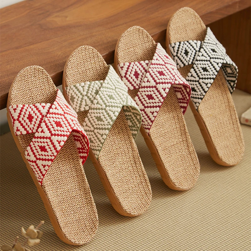Unisex Indoor Hotel Hemp Slippers Summer Household Flax Light Weight Breathable Slides For Women