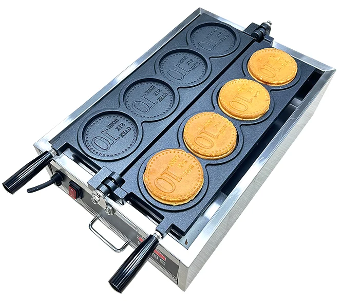 Customized snack equipment New 4-piece coin commercial waffle maker Round shape snack machine electric crispy cheese cookie