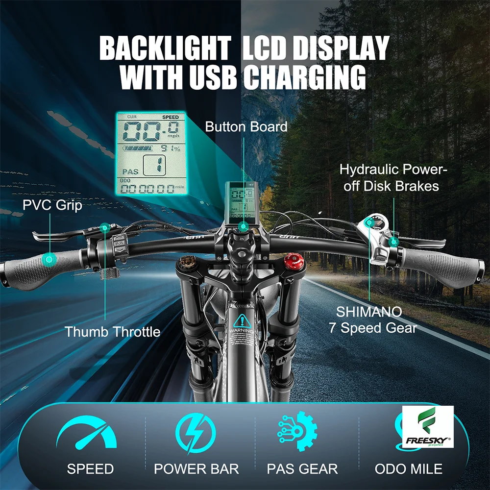 FREESKY Electric Bicycle 7-Speed Adults 750W BAFANG Motor 48V 15Ah Removable Battery ebike 26' Snow Beach Fat Tire e bike mtb