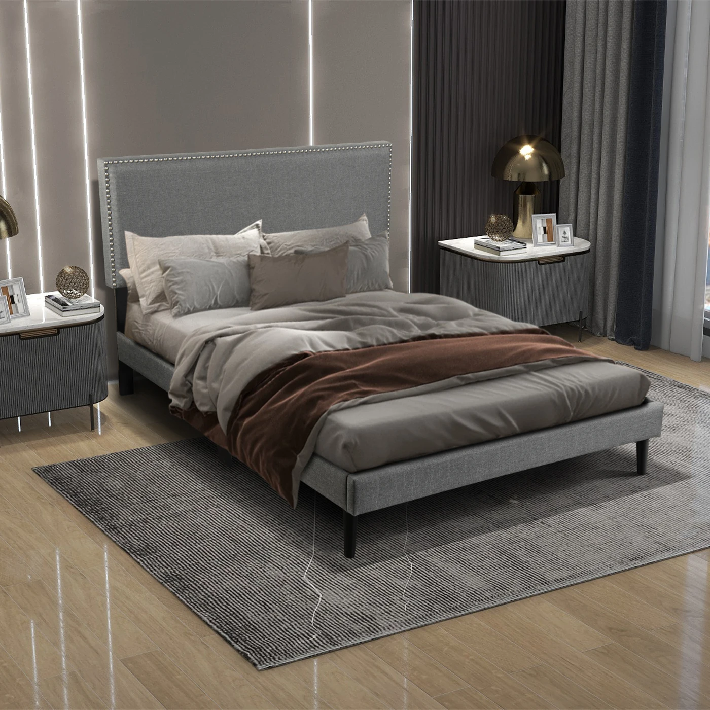 American Warehouse Wholesale Customized Upholstered Bed Frame Set With Headboard Full Size Wooden Frame Bed