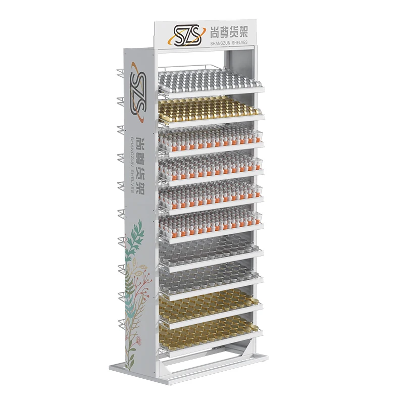 Factory Retail nail polish display floor stand  nail polish and powder display rack large with logo on two side and top