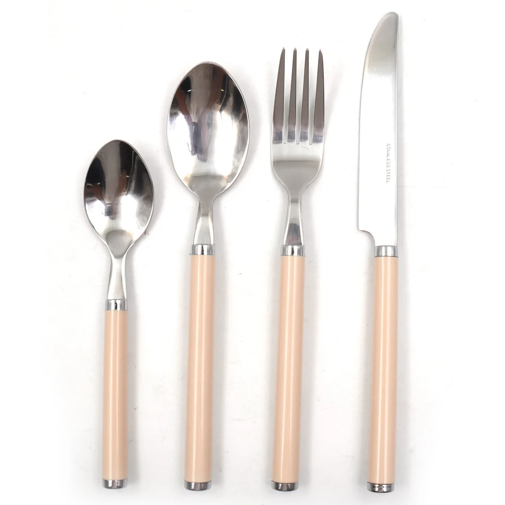 Metal Stainless Steel 4PCS fork spoon knife coloured plastic handle New design flatware set party use plastic handle cutlery