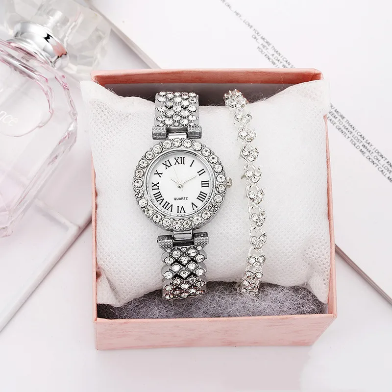 Luxury 2pcs/set Gold Bracelet, Watch Women Fashion Ice Out Crystal Quartz Diamond Casual Wristwatch/