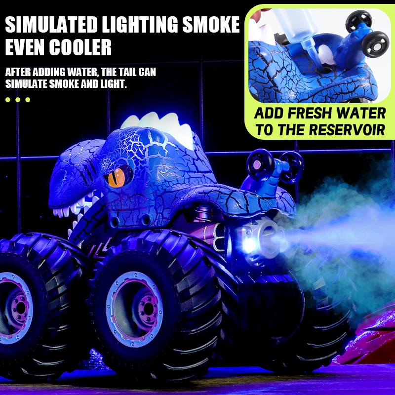 Hot selling rc stunt toys car rtr dinosaur design 4wd chassis wltoys cool lighting and sound spraying mist for birthday gifts