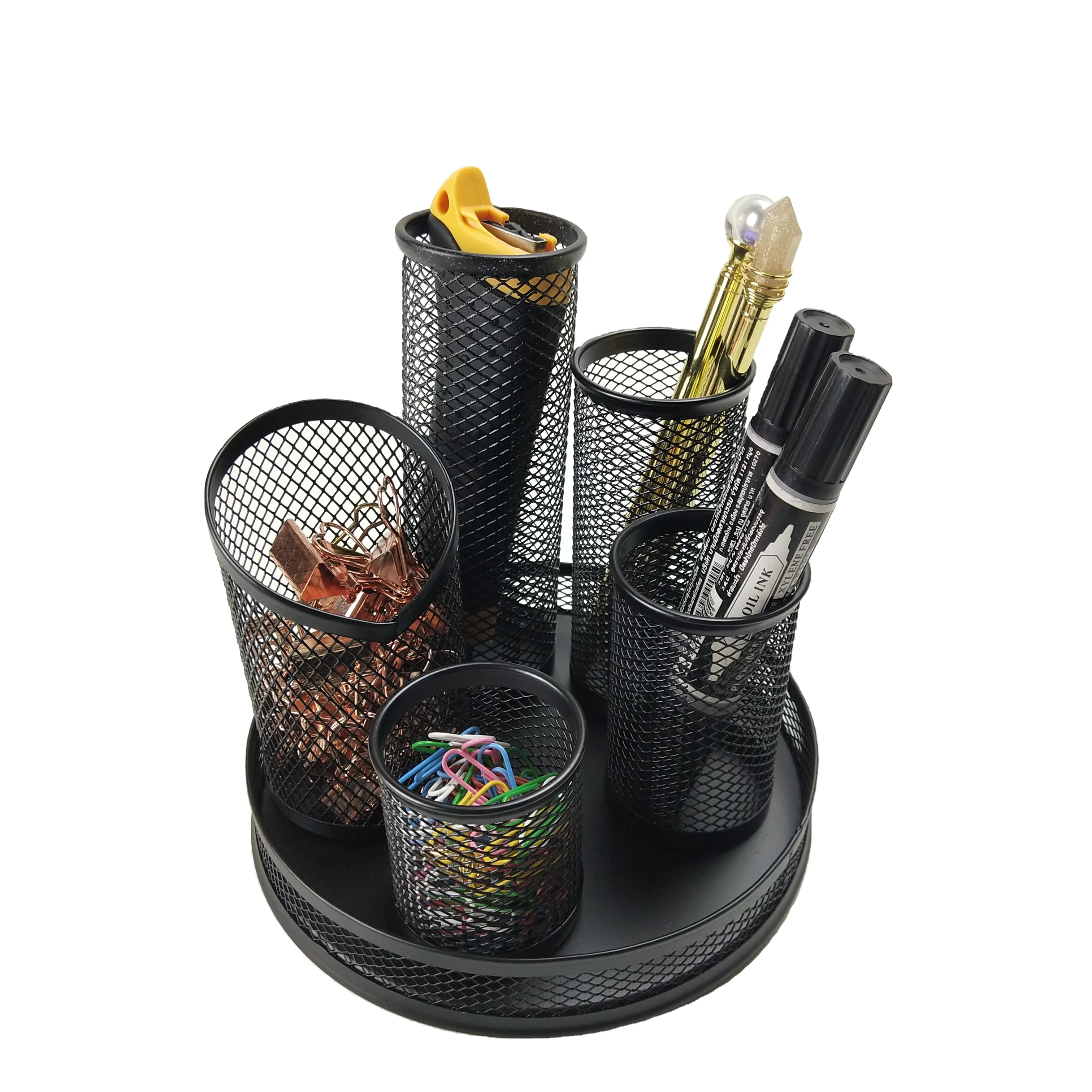 Stationary Accessories Multifunction Metal Mesh 5 Parts  Rotating Display Stand Pen Holders Bottom with Magnet Desk Organizer