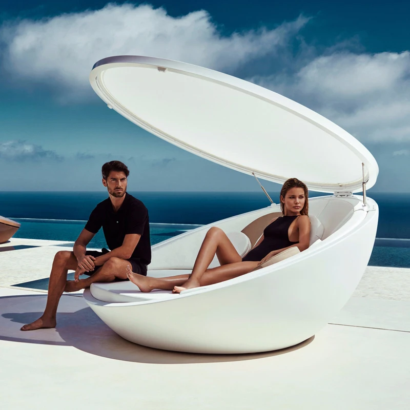 Cabana luxury modern fiberglass outdoor furniture for pool beach garden patio sunbed chaise lounge daybed with canopy