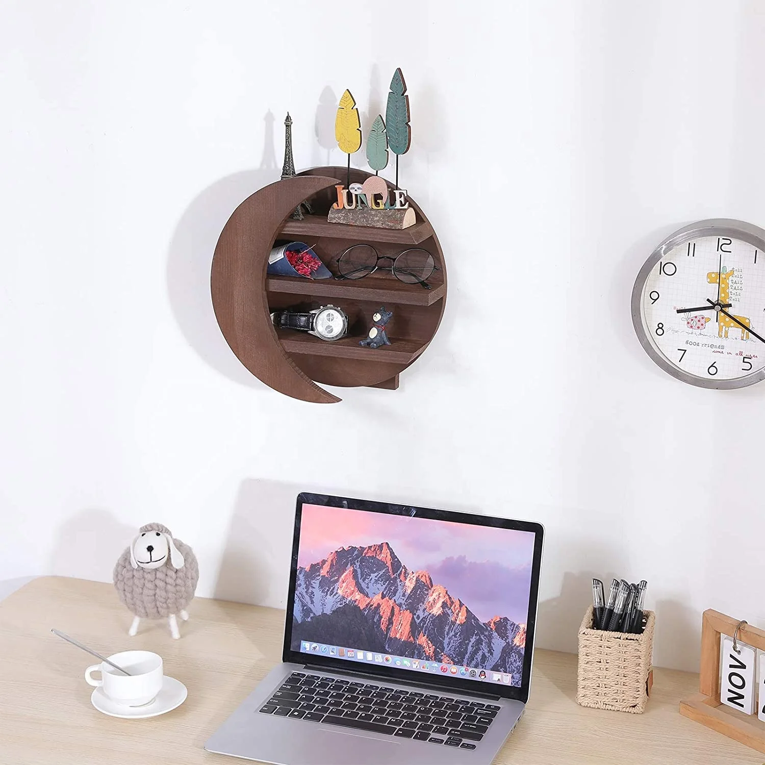 Moon Shelf Decor Crystal Display Rustic Wooden Boho Wall Shelves Witchy Room Crescent Floating Premium