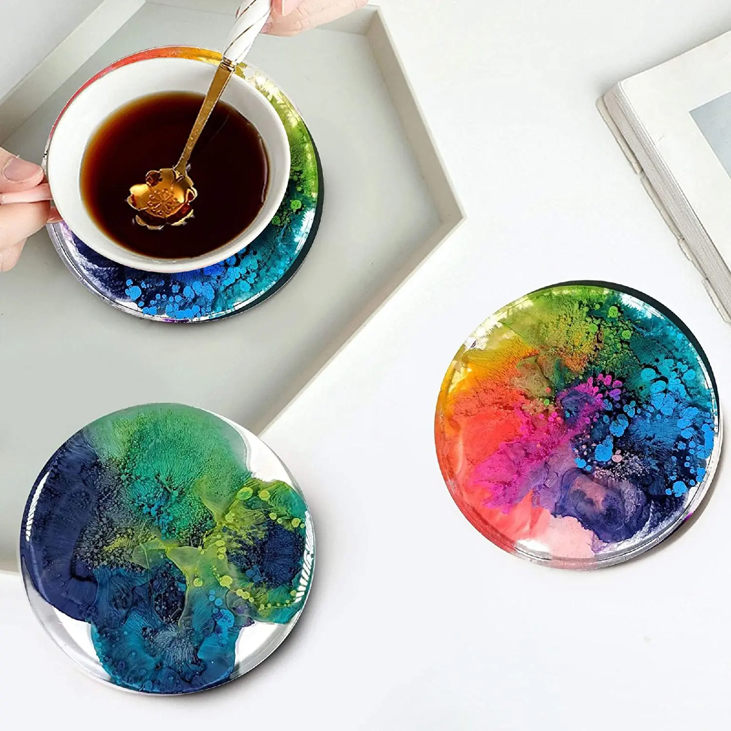 Coaster Resin Molds 4PCS Coaster Silicone Molds with Storage Box Mold for DIY Resin Cups Mats Home Decoration