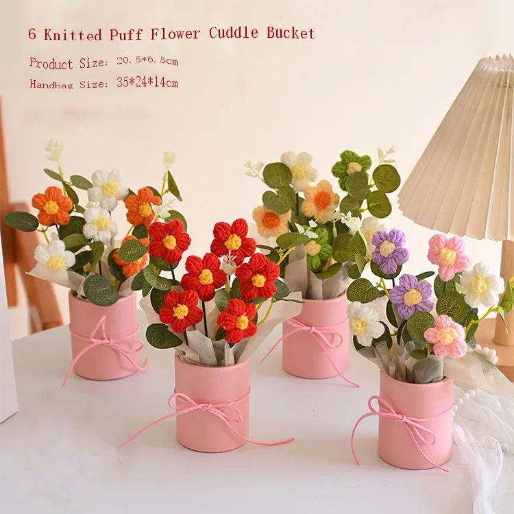 Valentines Day Gift Handmade DIY Knitted Woolen Flower Bouquet Crochet Mini Flower Bouquet Gift For Mom Women Girls