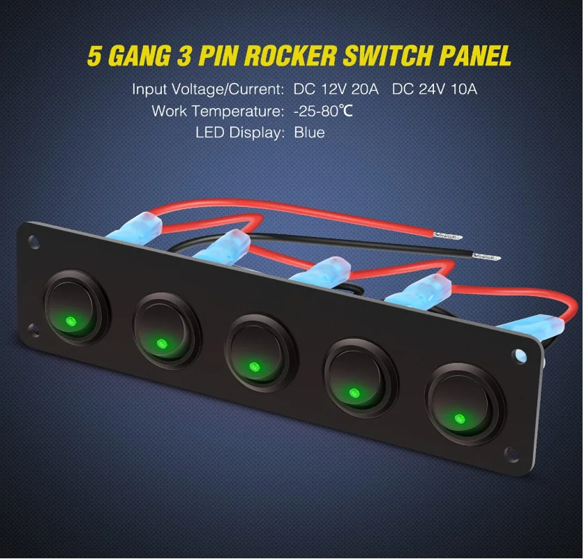 WattBons 5 Gang 3 Pin Rocker Switch Panel 20A Waterproof On Off 12V /24V Toggle Switch for Cars Trucks Boats
