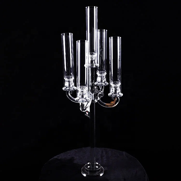 5 arms cheap tall K9 crystal candlestick for wedding table centerpieces glass tube candelabra for sale candelabri di cristallo