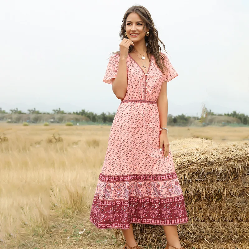 
2021 Summer European Dresses Women Elegant Casual Floral Print Dress V Neck Half Sleeve Bohemia Dress Ladies 