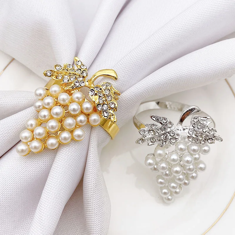 Newest Gold Grape Napkin Rings Metal Rhinestone Pearl Napkin Ring Holder Flower Napkin Rings Weddings HWP02
