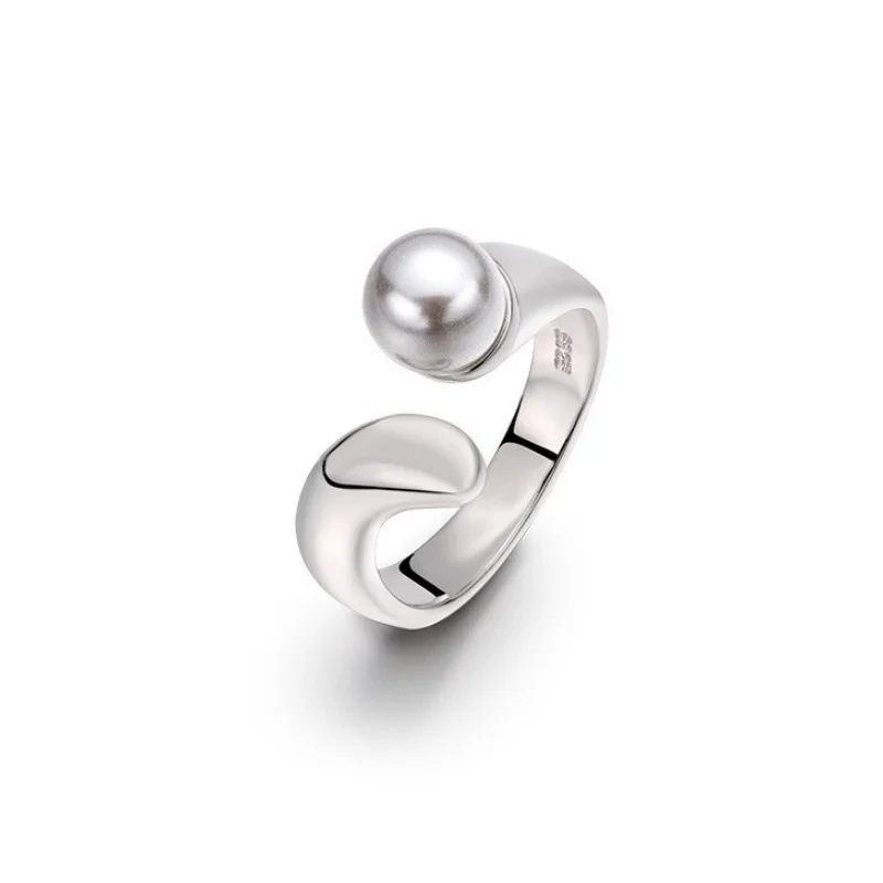 Classic Trendy 925 Sterling Silver Pearl Open Ring Creative Design Geometric Adjustable Finger Rings Gold Plated Jewelry