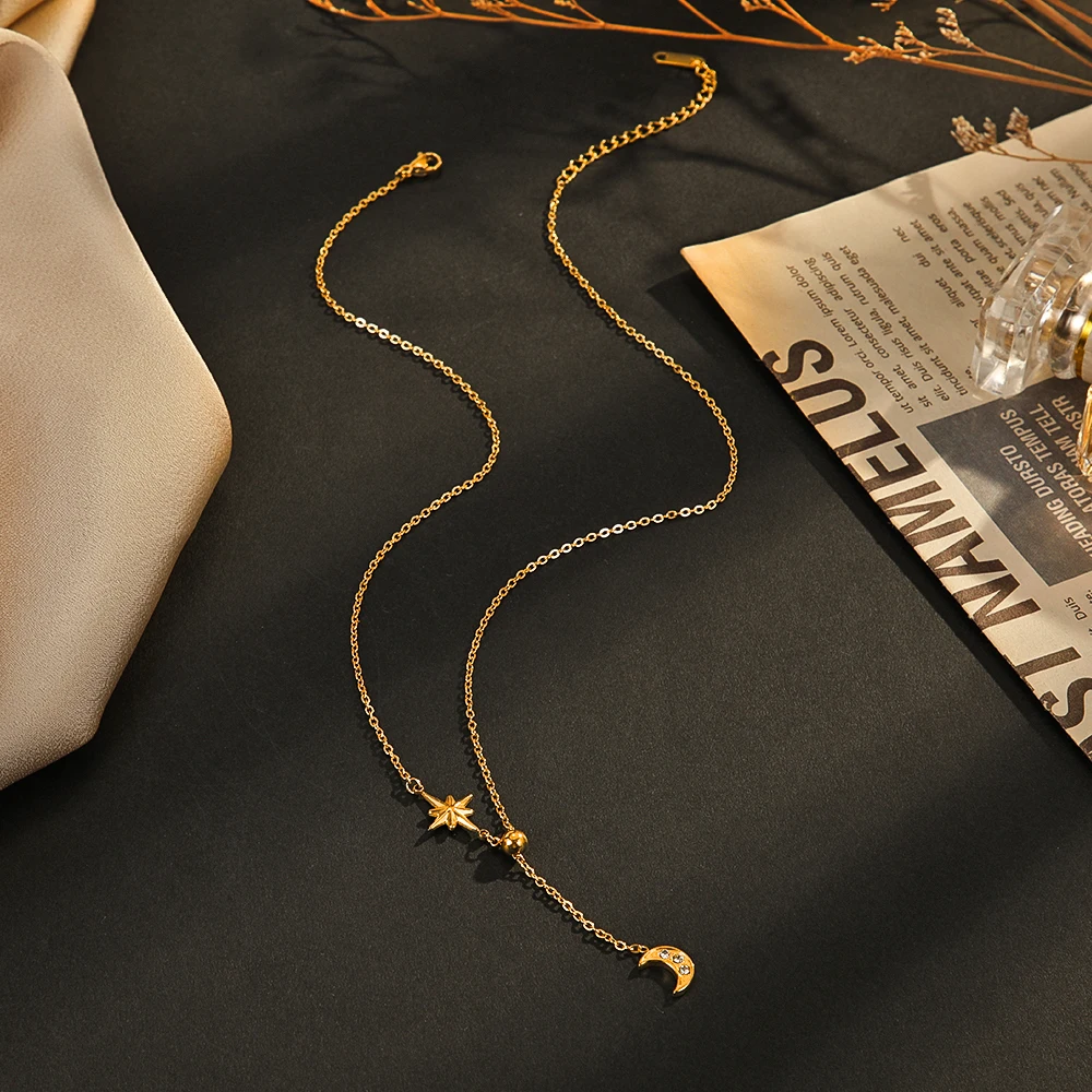 14K Gold PVD Plating Stainless Steel Fashion Elegant Design Star And Moon Pendant Necklace Women Jewelry