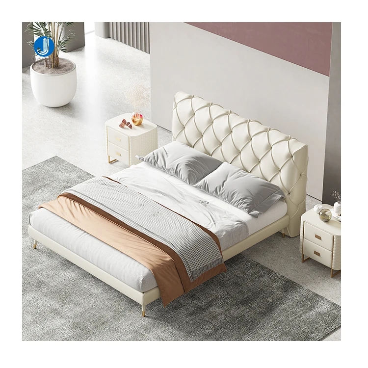 Good Quality Luxury Furniture Queen White Leather Bed Set Wooden Frame Leather Cream White Modern King Double Bed