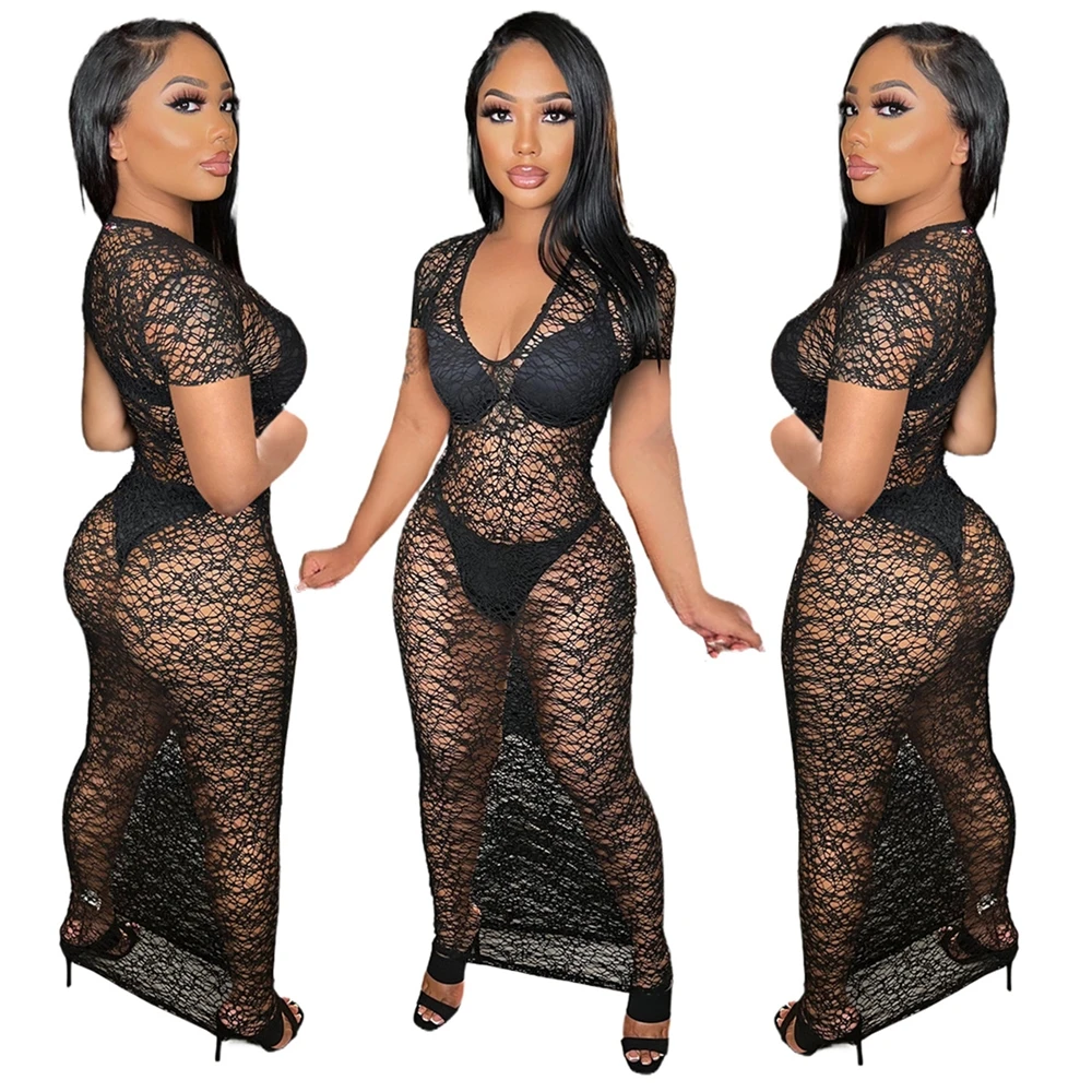 Dropshipping Solid Bodycon Cut Out Fishnet Dress Lace Dresses Women  Maxi Dress Ladies