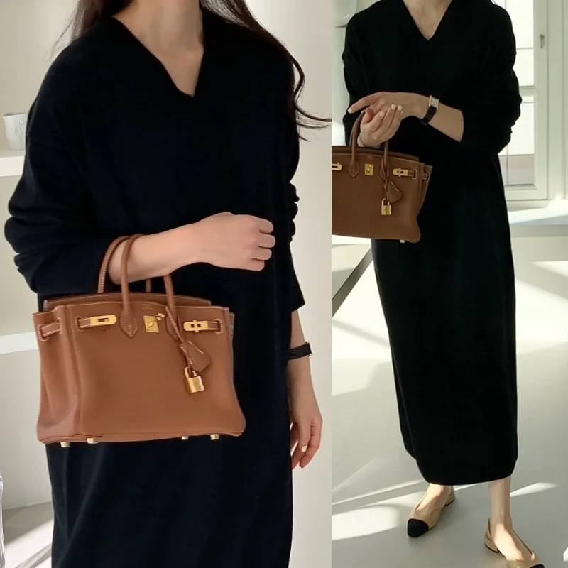 European American plus size knitted dress autumn winter Japanese Korean fashion slimming V-Neck Collar Knitting dress