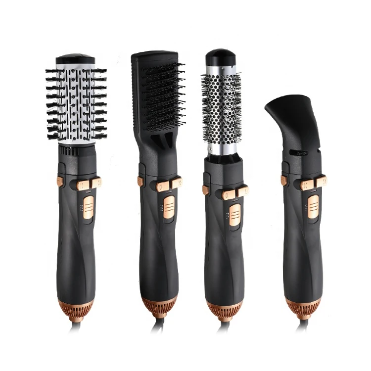 Interchangeable Black Hot Brush Straightener Electric Automatic Rotating Hair Dryer Brush 4 In1 Hair Style Hot Air Brush Set