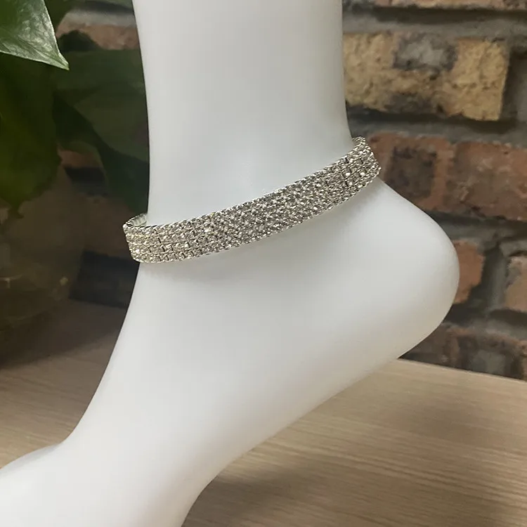 Crystal Tennis Chain Women Silver Rhinestone Double Layer Anklet Designs