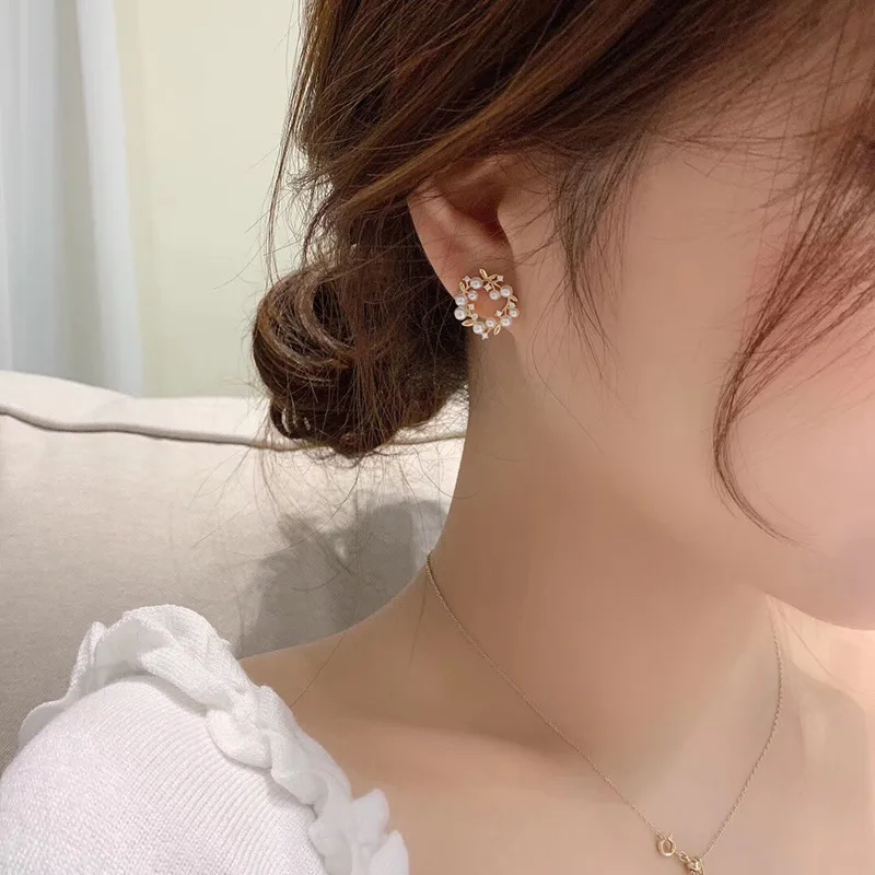 Korean Style Women 925 Circle Olive Branch Pearl Flowers Earrings