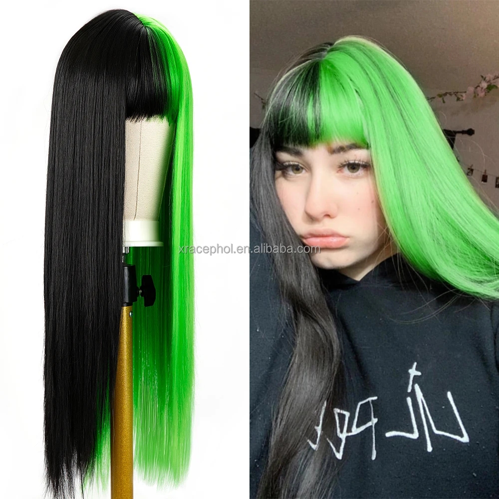 Silk Wig Synthetic Halloween Costume Half Black Half Green Two Tone Color Wig Fantastic Ombre Color Straight 26 Inches OPP Bag