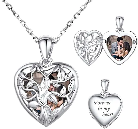Photo Locket Pendant 925 Sterling Silver Tree  life Heart Necklace