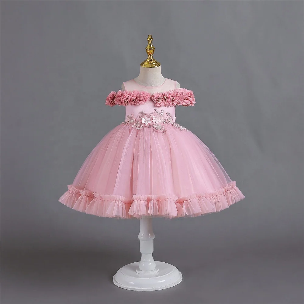 Summer Off Shoulder Flower Tulle Toddler Baby Girl Fancy Baptism Dress Lovely Girls First Year Birthday Party Wedding Dress