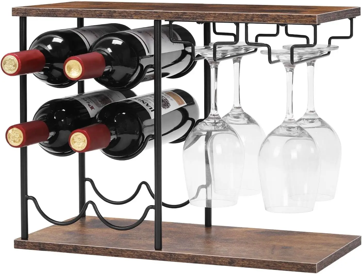 Wine Rack Countertop Wine Holder Stand for 6 Wine Bottles and 4 Glasses