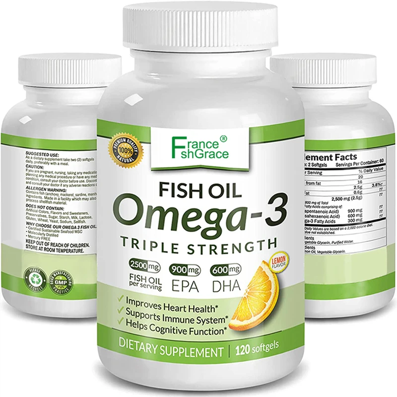 Omega 3 Fish Oil Pills 2500mg Burpless High Potency Lemon Flavor 900mg EPA 600mg DHA Ultra Pure Liquid Softgels