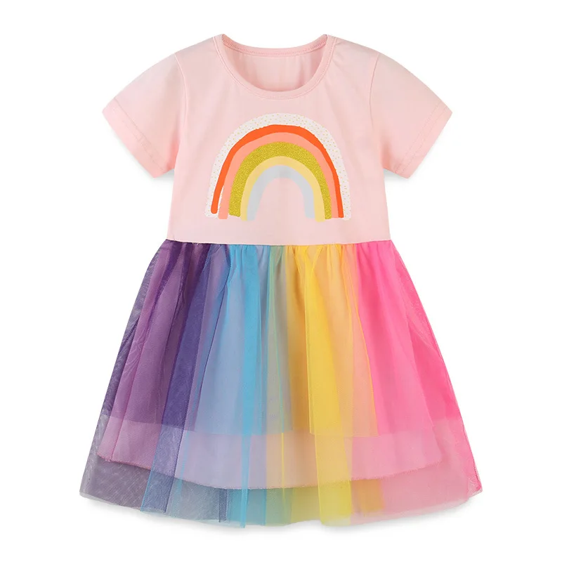 2021 European and American girls cartoon colored mesh skirt summer short-sleeved princess dress 2-7T