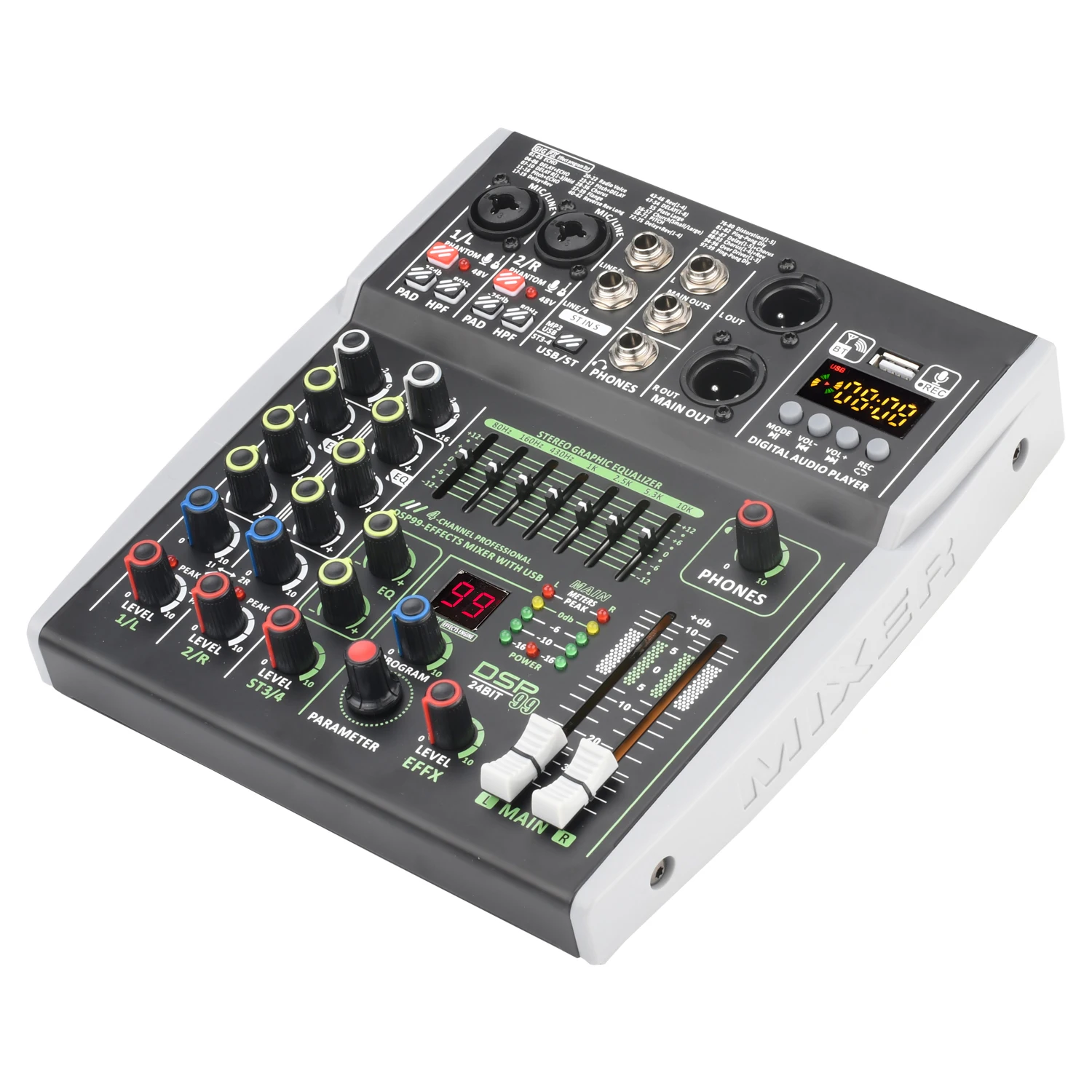4 Channel Stereo 48V Phantom Power Mobi 99 DSP Effects Bluetooth USB Computer Play Record Podcast X4 Audio mixer