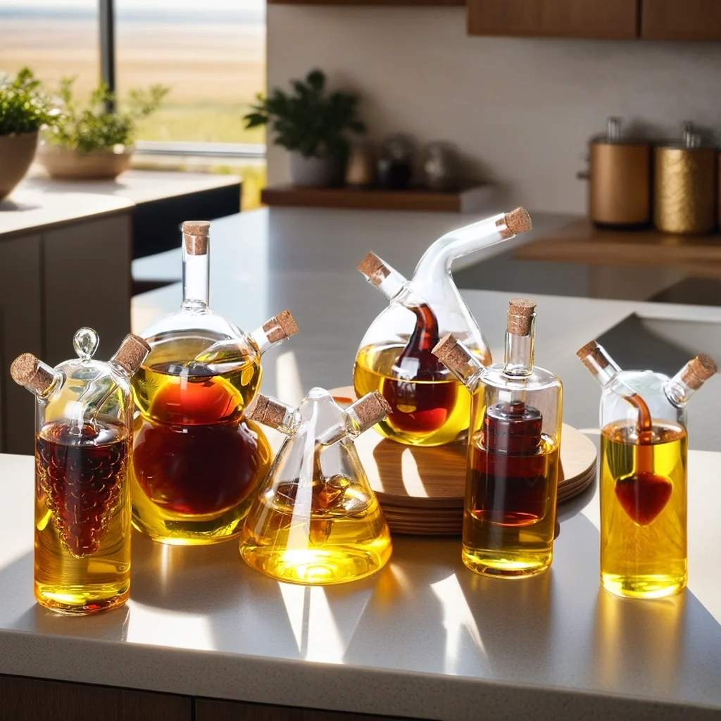 Heat-Resistant Glass Soy Sauce Vinegar 2 in 1 Bottle Creative Glass Bottle For Cooking Sealed Oil Pot Seasoning Vinegar Pot