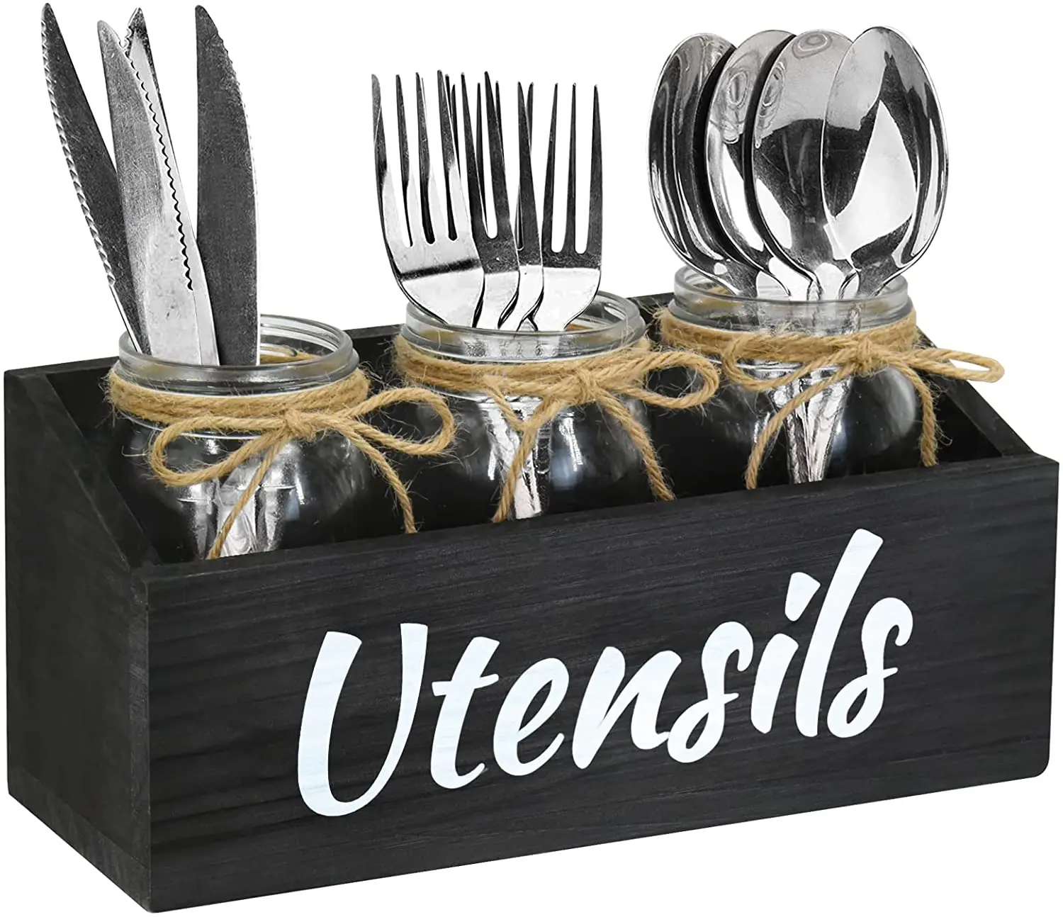 Black Color Wooden Flatware Cutlery Holder Table Kitchen Wood Utensil Caddy  With 3 Compartments