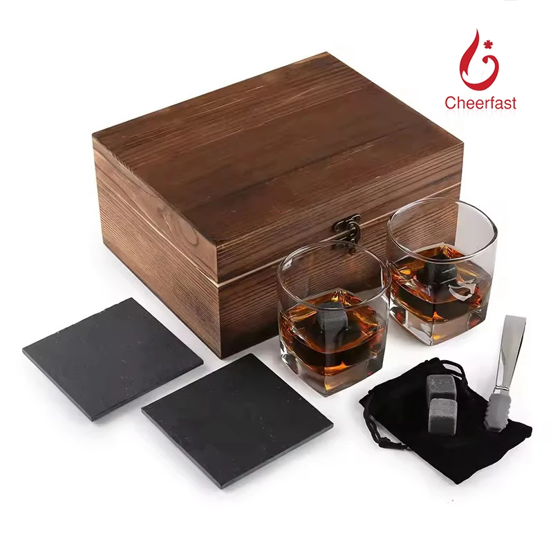 Most Popular Chilling Whiskey Ice Cube Rock Stone And Glasses With Coaster Gift Set Reusable Granite Whiskey Stone