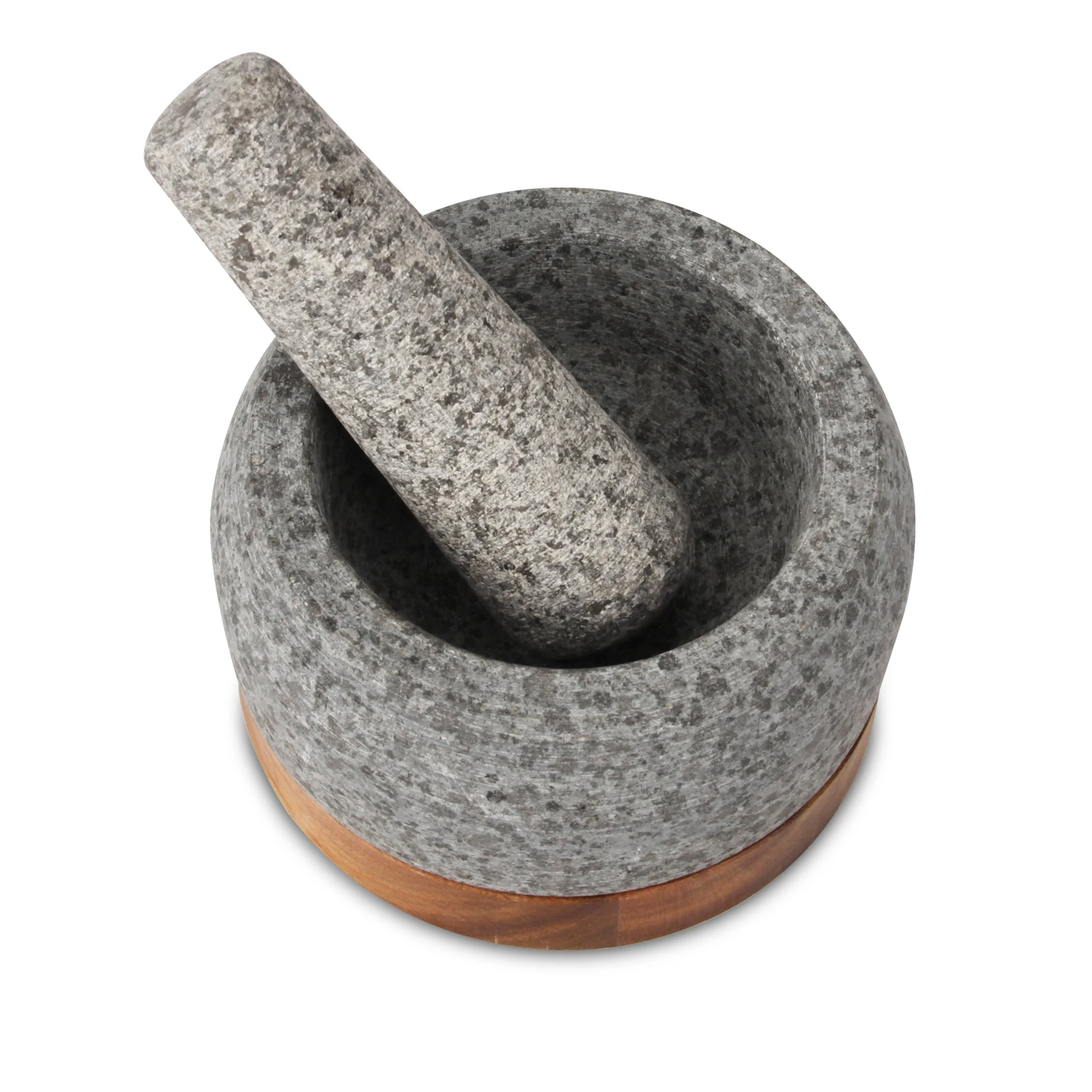 Cheap Wholesale Round White Grinding Herbs Spice Kitchen Natural Stone Granite Mortar and Pestle With Wood Base