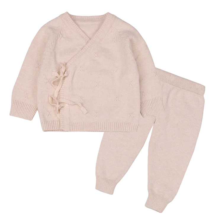 Factory Custom Infant Boy Girl Kimono Sweater Cardigan 100% Cotton Knitted Baby Clothing Set