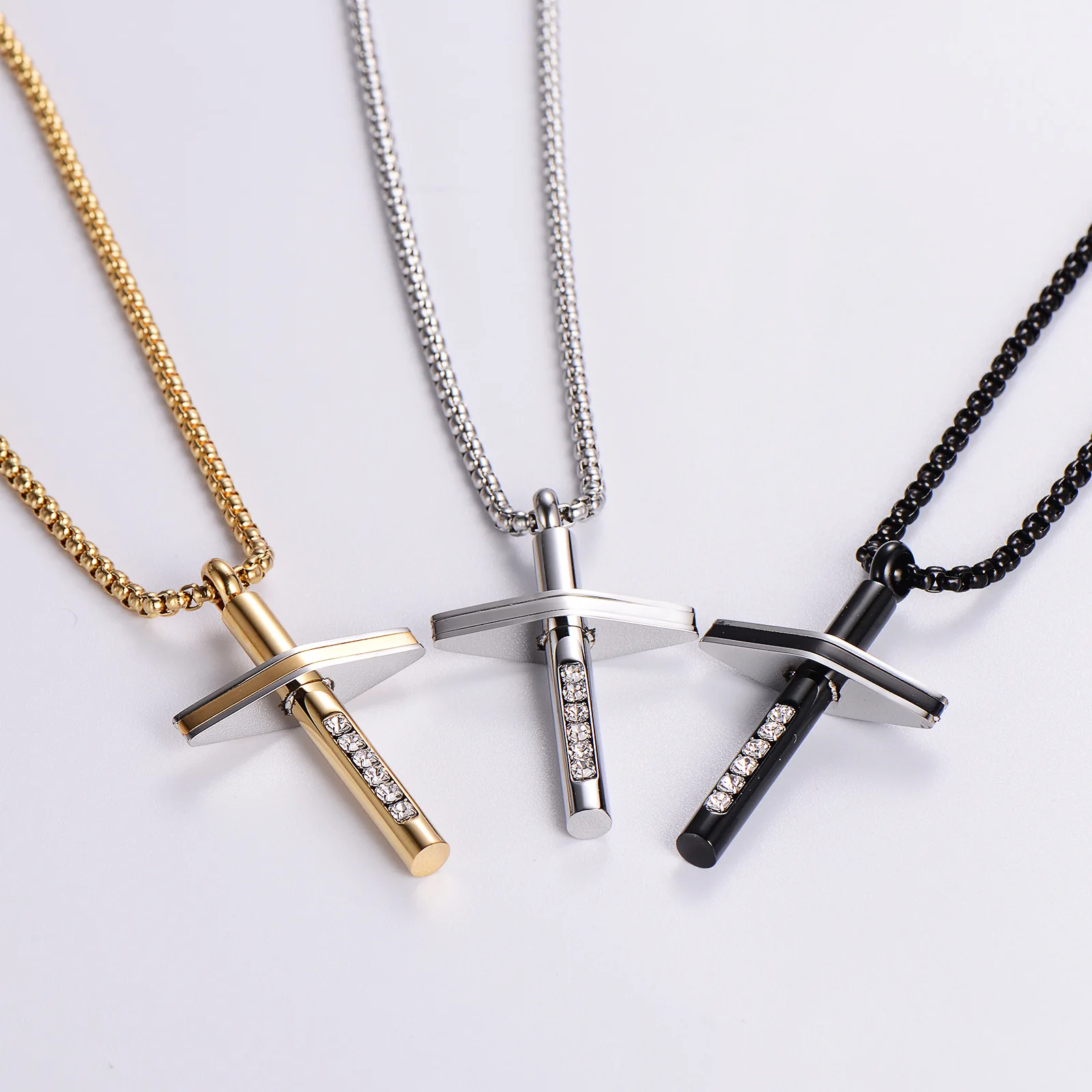 trendy jewelry waterproof stainless steel 18k gold plated cross cubic zircon pendant necklace men