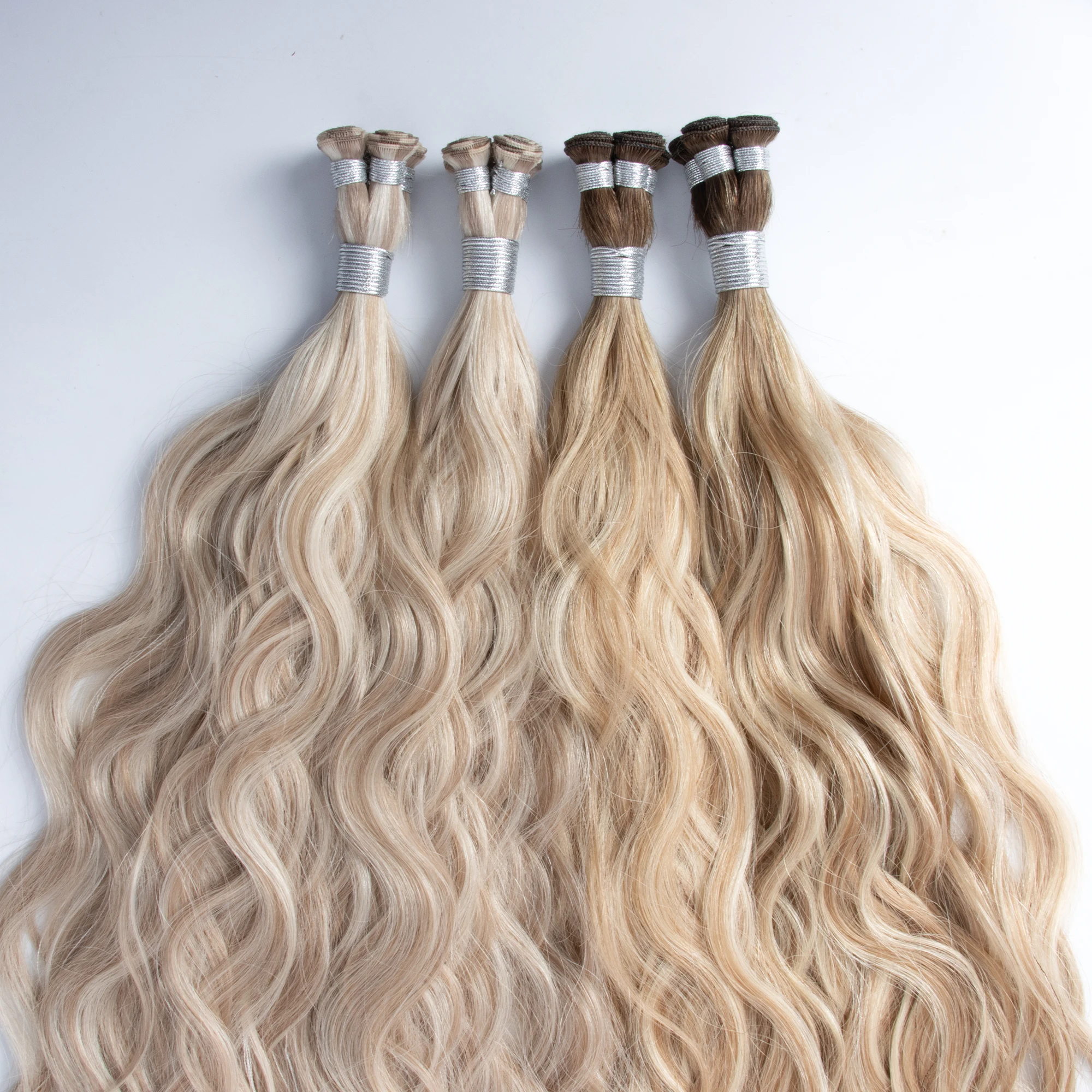 Salon Quality Origin 100% Russian Hair Wavy Hand Tied Weft Remy Double Drawn Handtied Weft 2.0