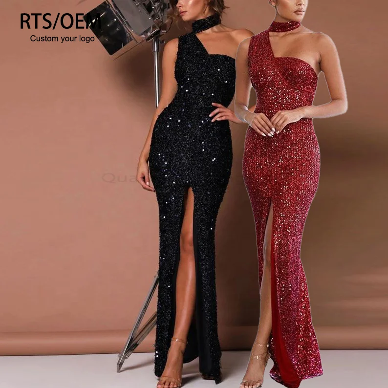 2023 Solid Color Sequins High Waist One Shoulder Halter Slit Sexy Sequins Long Gown Women Party Prom Evening Dress