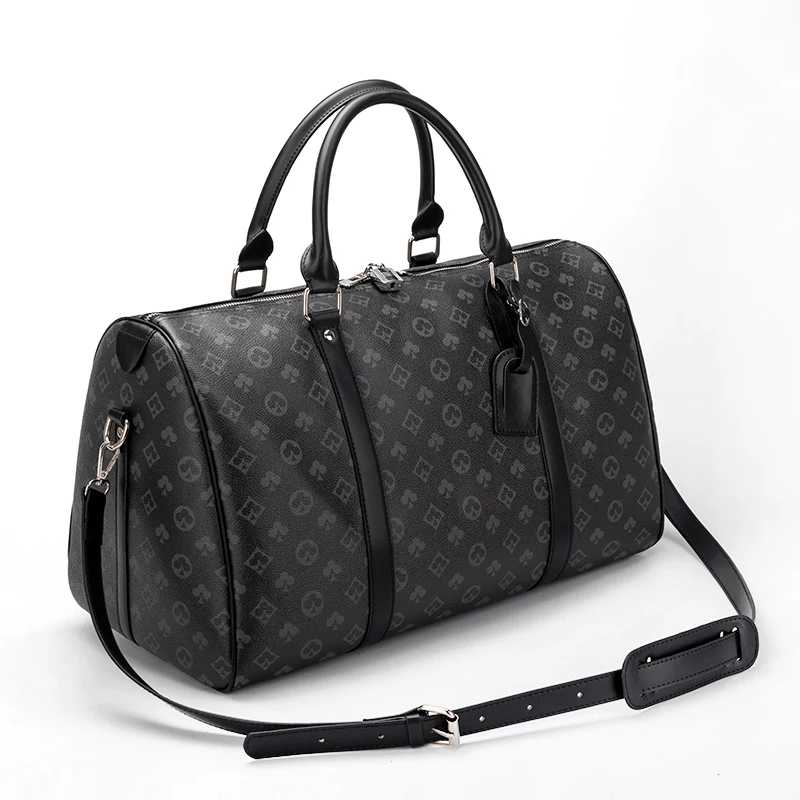 Custom Brand Logo Printed Black Zipper Luggage Travel Bags Checkered Vintage Weekender Luxury Men Women Hand Leather Duffle Bag