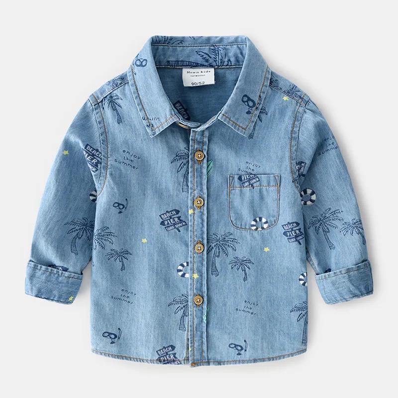 
2019 Autumn New Baby Boy Child Cotton Washed Print Denim Shirt 
