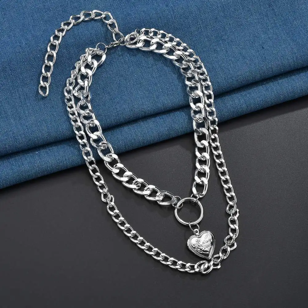 Fashion Gothic personalize Double Layer Lock and love Necklace Hiphop punk link Silver color Padlock Chain Necklace