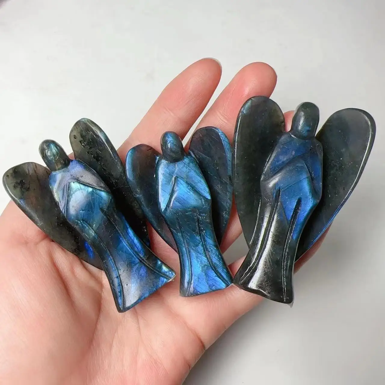 Flashy Crystal Angel Carving Natural Hand Carved Labradorite Crystal Craft Angel Figurine