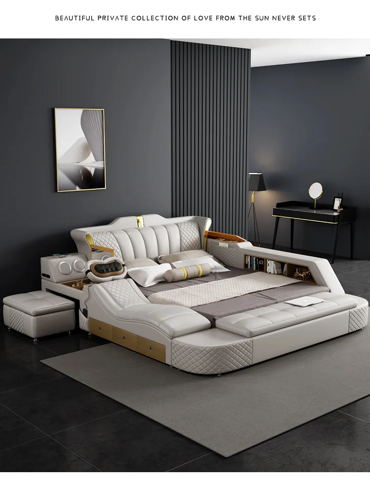 2024 multifunctional smart bed leather king size bed frame with wireless charger massage bedroom furniture se